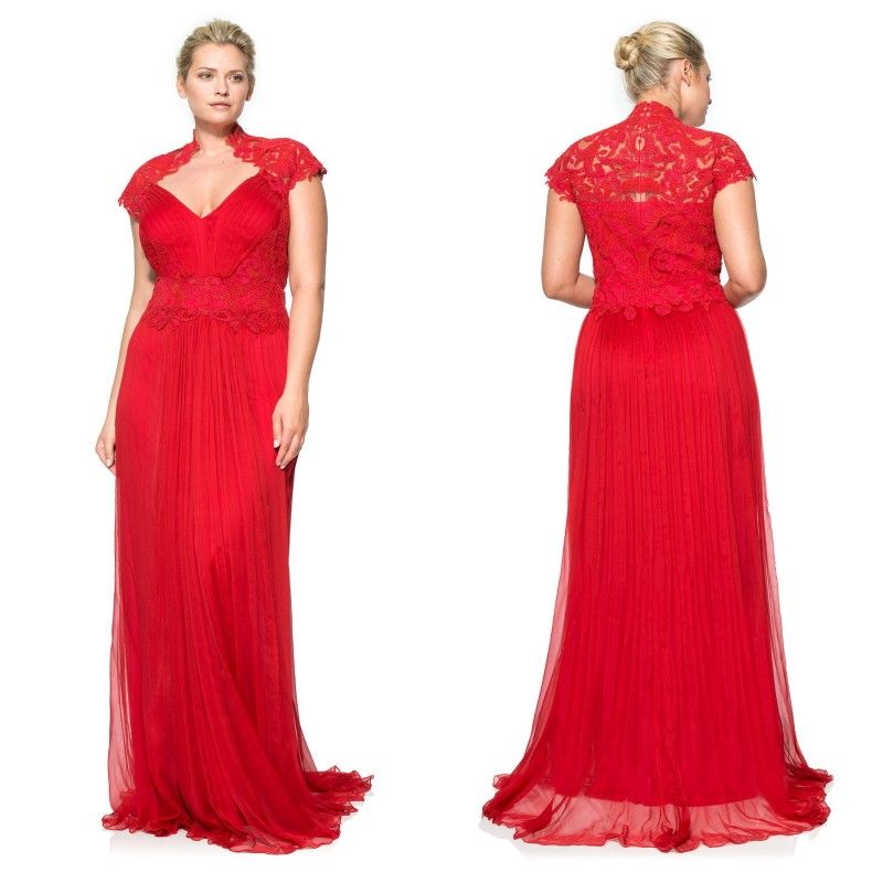 Red High Neck Capped Sleeve Plus Size Special Occasion Dresses 2015