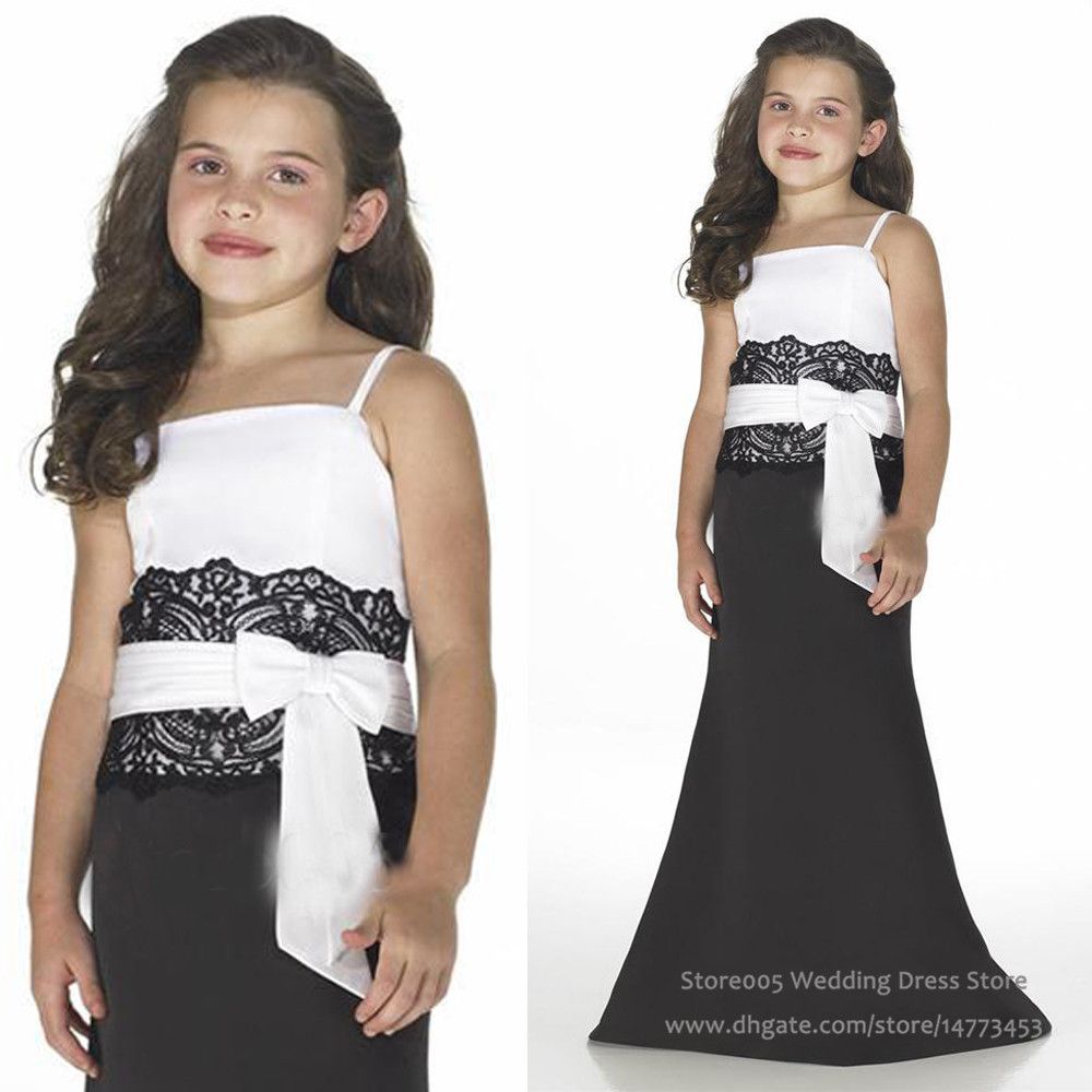 Black And White Satin Long Junior Bridesmaid Dresses 2016 Spaghetti