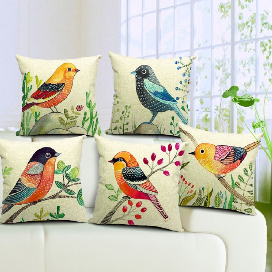 6 Styles Hand Painting Birds Cushions Covers Pillowcase Bird Tree