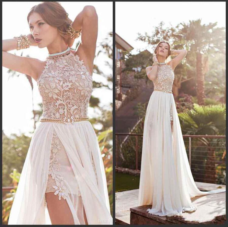 2016 Vintage Beach Prom Dresses High Neck Beaded Crystals Lace ...