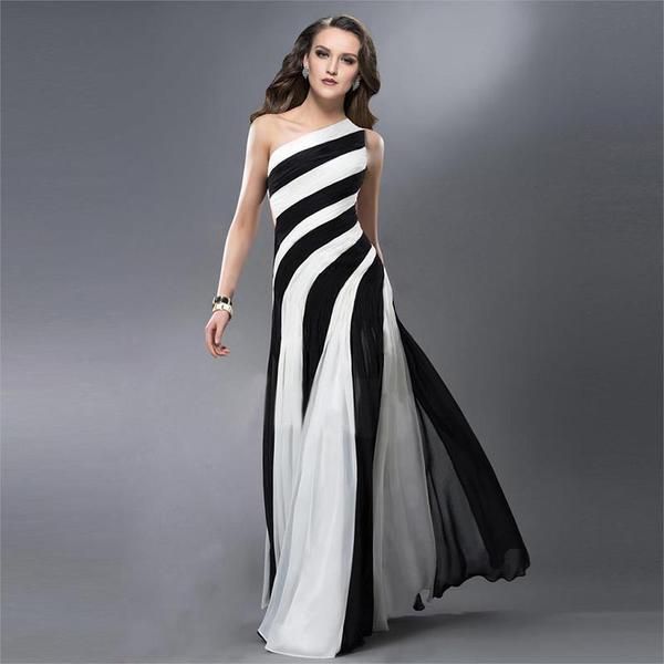 2016 Black And White Striped Prom Dress Sexy One Shoulder Women Party Dresses Print Long Evening