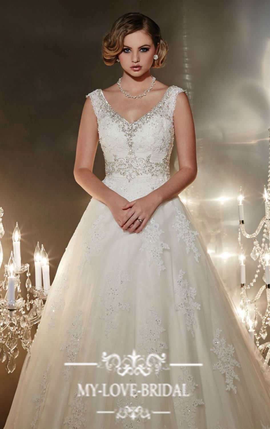 Discount 2015 New New V Neck White / Ivory Wedding Dresses Lace Beaded