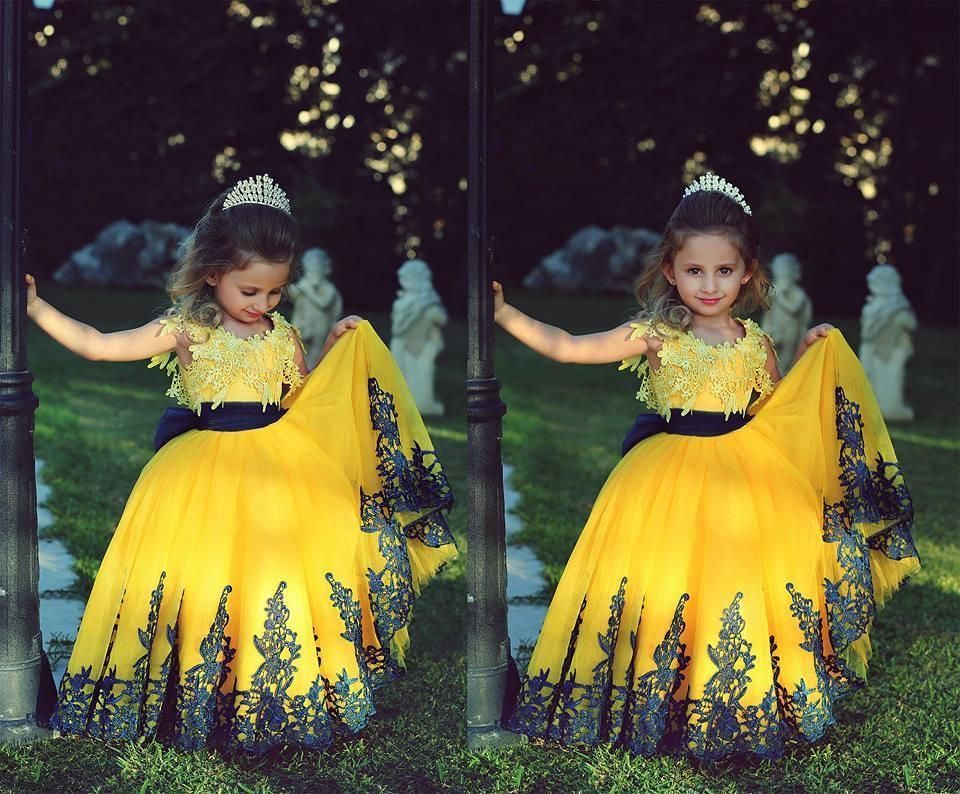 2015 Flower Girls Dresses With Belt/Bow Yellow Princess Little Girls
