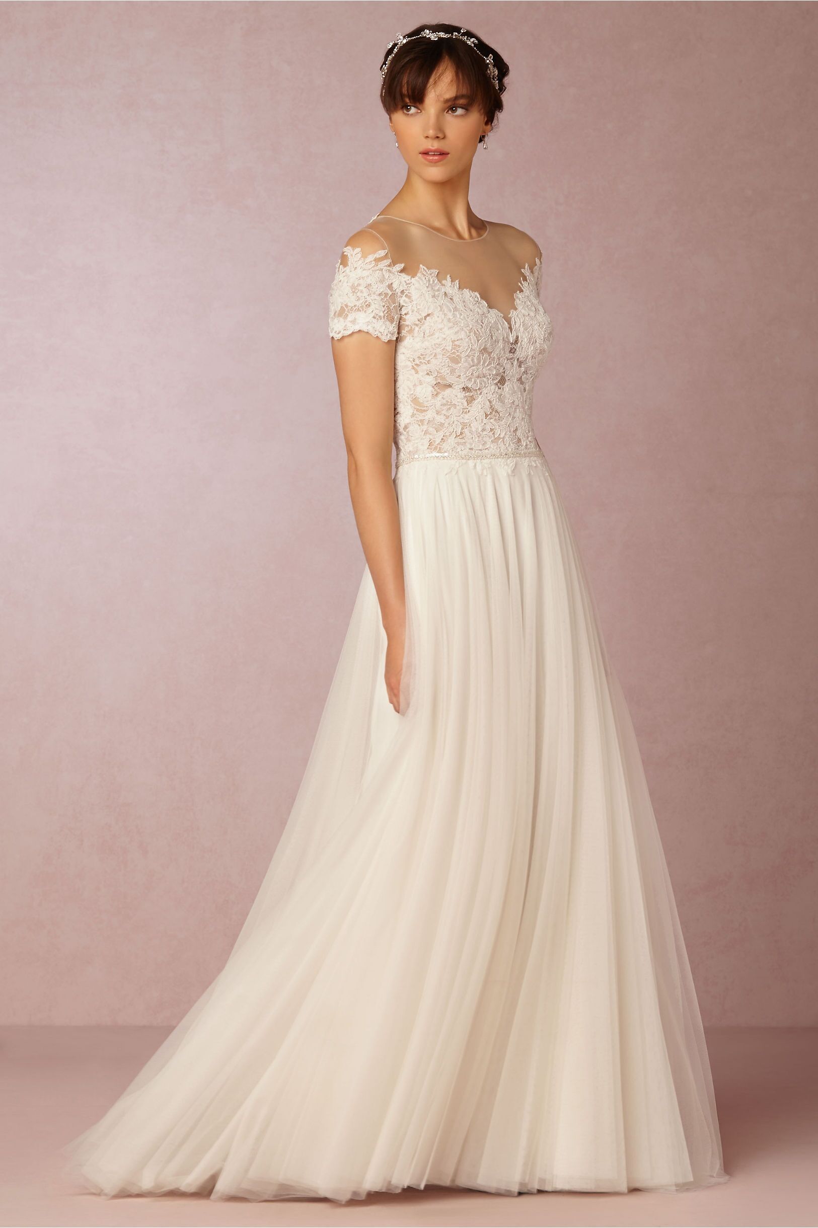 2015 Bhldn Wedding Dresses Crew Neck Short Sleeve Sash Lace And Tulle A