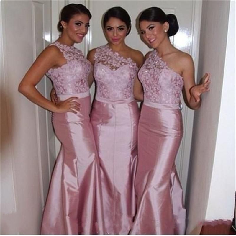 2015 Hot Sale Pink One Shoulder Sleeve Lace Bridesmaid Dresses Long Beautiful Satin Formal