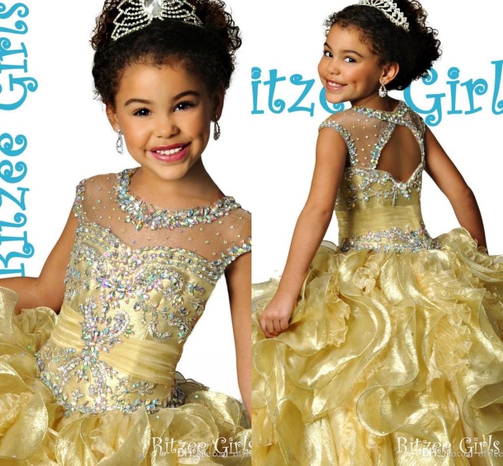 Glitz Ritzee Gold Crystal Beaded Ruched Ruffle Organza Girls Pageant