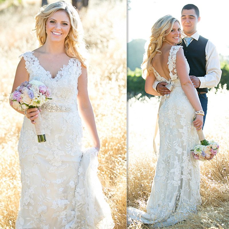 Country Wedding Dresses 2016 Ivory Lace Open Back Cap Sleeves Sheath