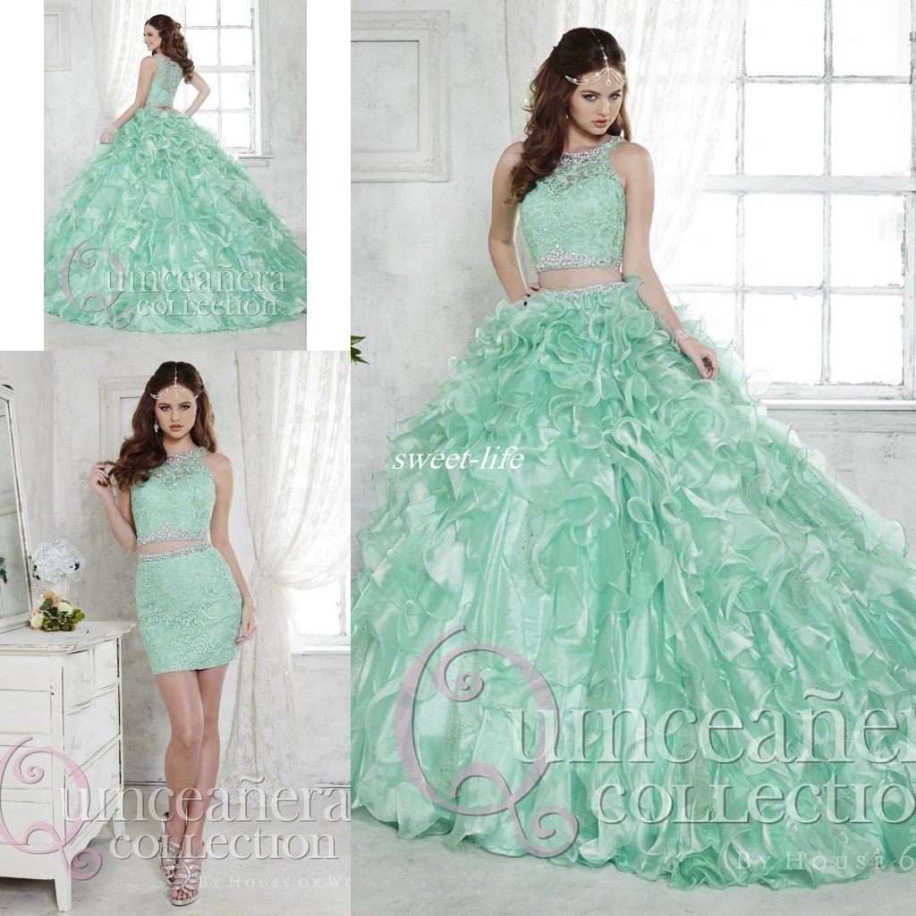 2016 Mint Two Piece Quinceanera Dresses Ball Gown Detachable Train Lace