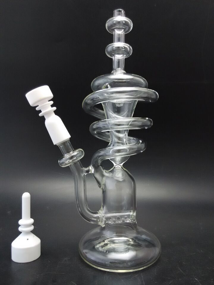 Glass Bongs Glass Recycler Spiral Tall Recycler Rig with Inline Perc with 14.5mm Domeless
