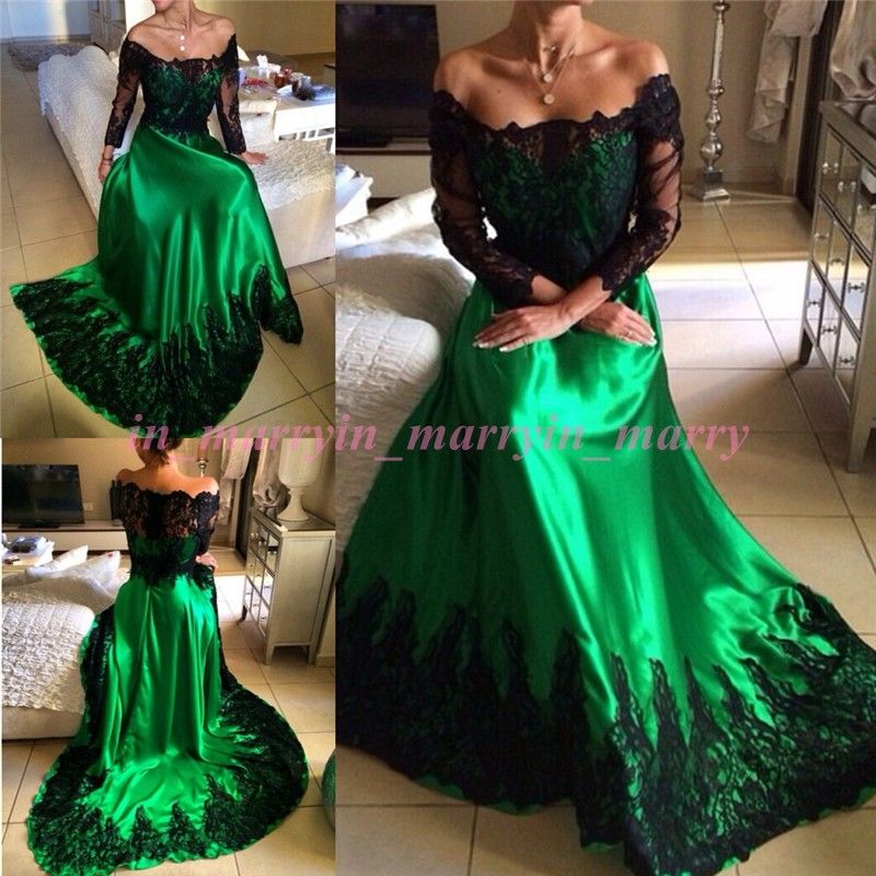 Peacock Green Long Sleeves Prom Dresses 2015 A Line Black Lace Applqiues Plus Size Arabic