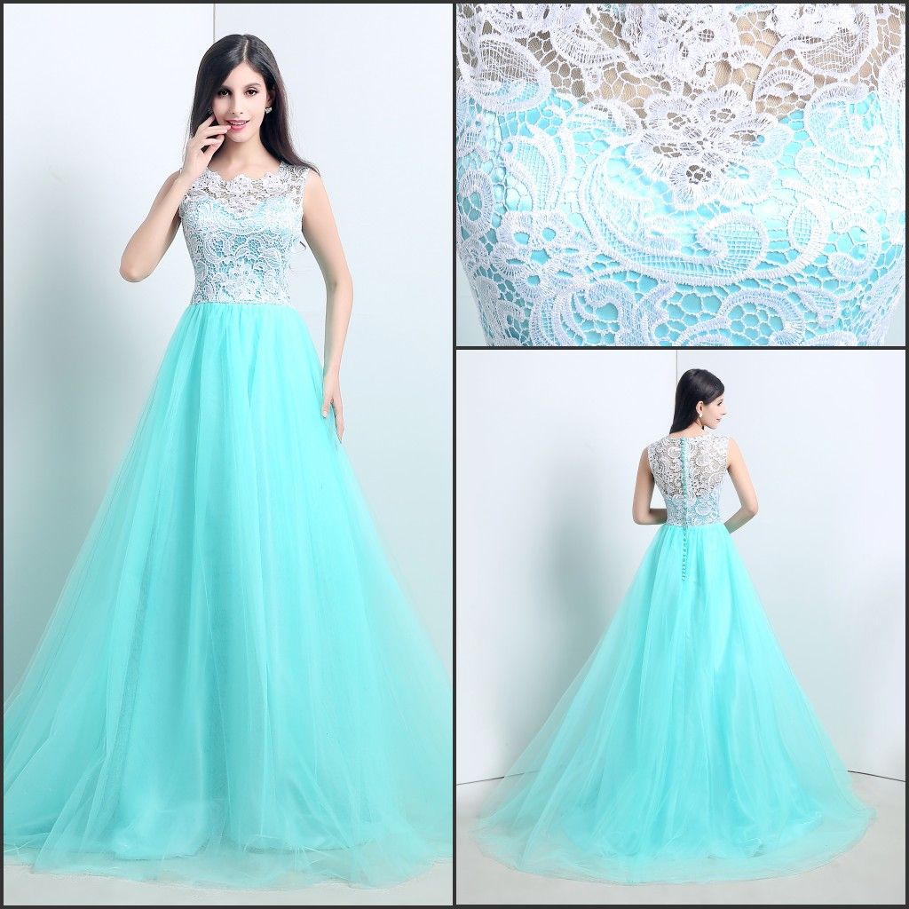 Real Image 205 Prom Dresses Sheer Neck Scoop Lace Tulle Sweep A Line
