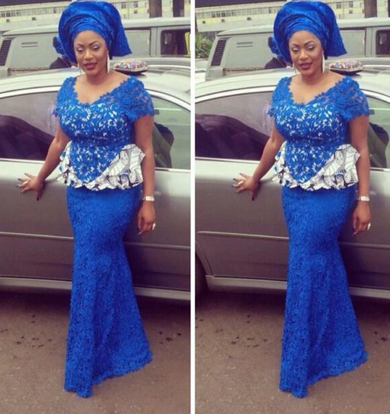 Blue Nigerian Lace Dresses Evening Wear V Neck Short