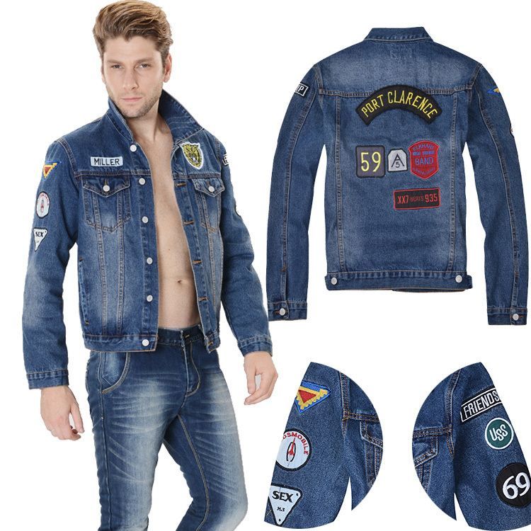 2015 Men Vintage Denim Motorcycle Biker Cruiser Jacket Coat Patches