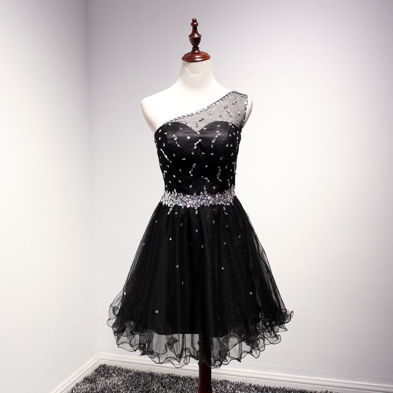 Beaded Black Short Semi Formal Dance Dress For Teens One Shoulder Sheer Tulle Back Rhinestones