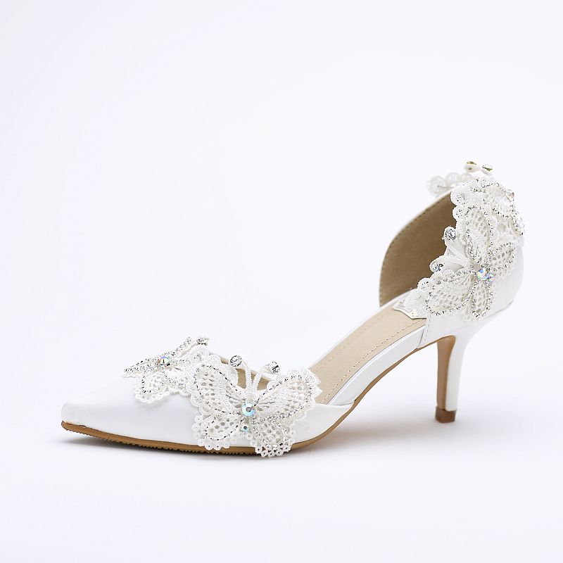 Elegant Butterfly Rhinestone Wedding Shoes Pointed Toe Bride Shoes Bridesmaid Shoes Satin Summer