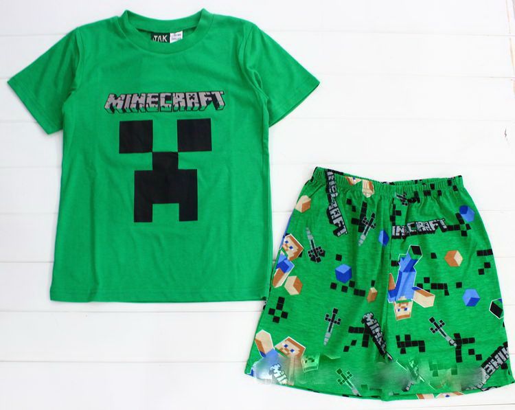 Ems 2015 Children Clothing Sets Mine Craft Minecraft Boys Short Sleeved Top + Pants Pajamas