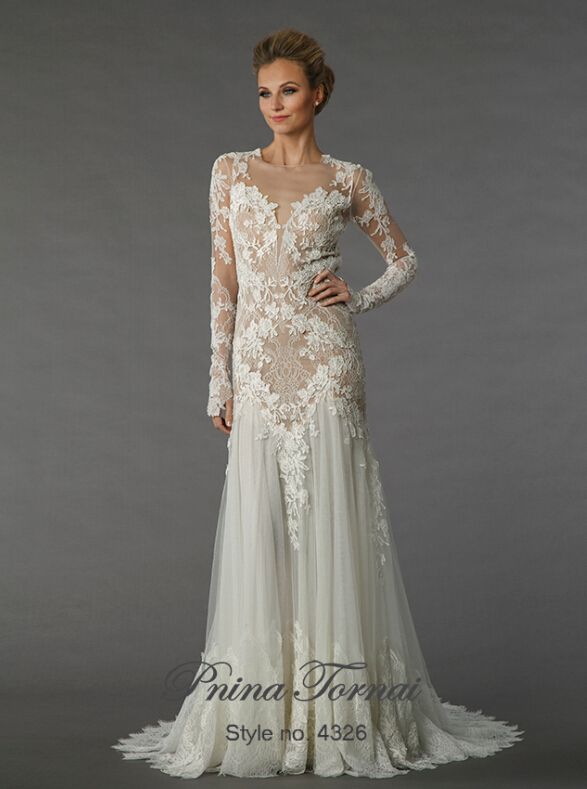 Custom Made Pnina Tornai Sheath Long Sleeve Wedding Dresses 2015 Lace