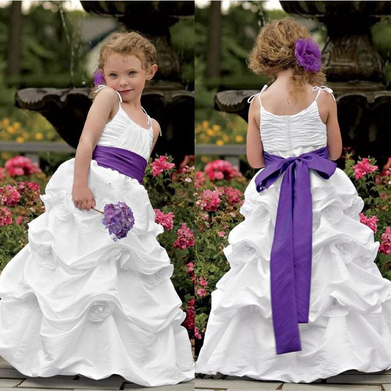 2015 Graceful Spaghetti Straps White Ball Gown Flower Girl Dresses Ruffles Sleeveless Purple