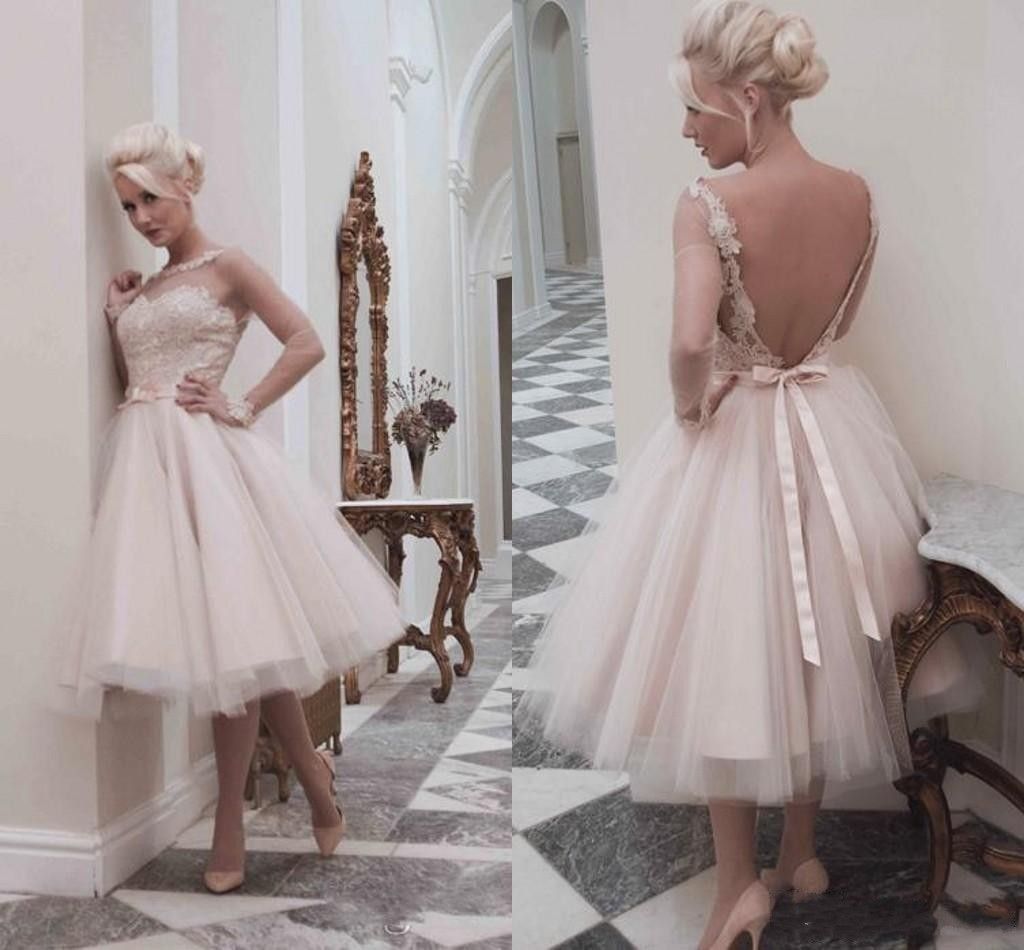 Ideas 50 Style Wedding Dresses 50s style retro wedding dresses 2016 illusion neck long sleeves cheap spring summer plus size dress discount reference images tulle short dress