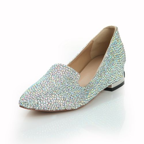 Low Wedge Rhinestone Crystal Wedding Bridal Shoes Paillette Pointed ...