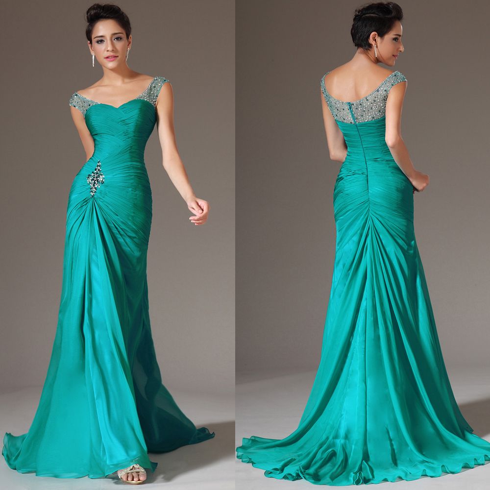 Green Long Evening Dresses Pleated Chiffon Cap Sleeves Beaded V Neck Pleated Mermaid Prom Gowns