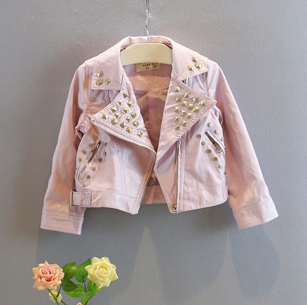 Pink Leather Jacket Kids Fit 2018 New Girls Leather Jacket Fashion Baby Coats Jackets Rivet