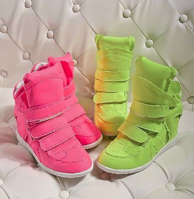Ladies Neon Velcro High Top Wedge Trainers Canvas Sneakers Athletic