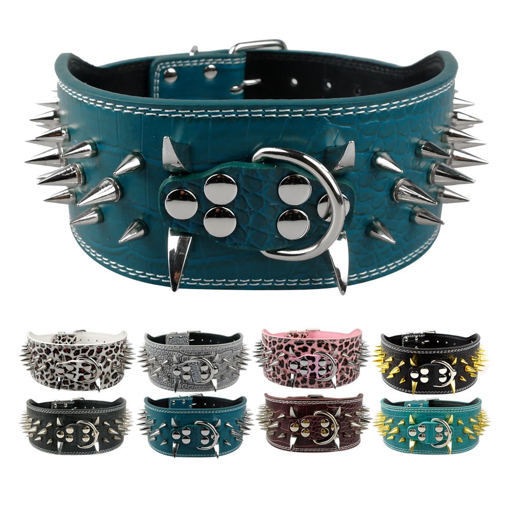 2017 3 Wide Spiked Leather Dog Collar Studded Large Dog Pitbull Collars