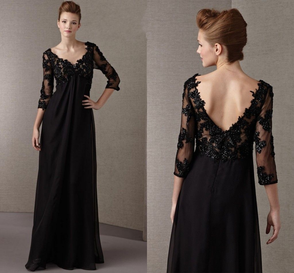 2016 High Quality Black Mother Of The Bride Dresses Empire V Neck Off Shoulder 3/4 Long Sleeve