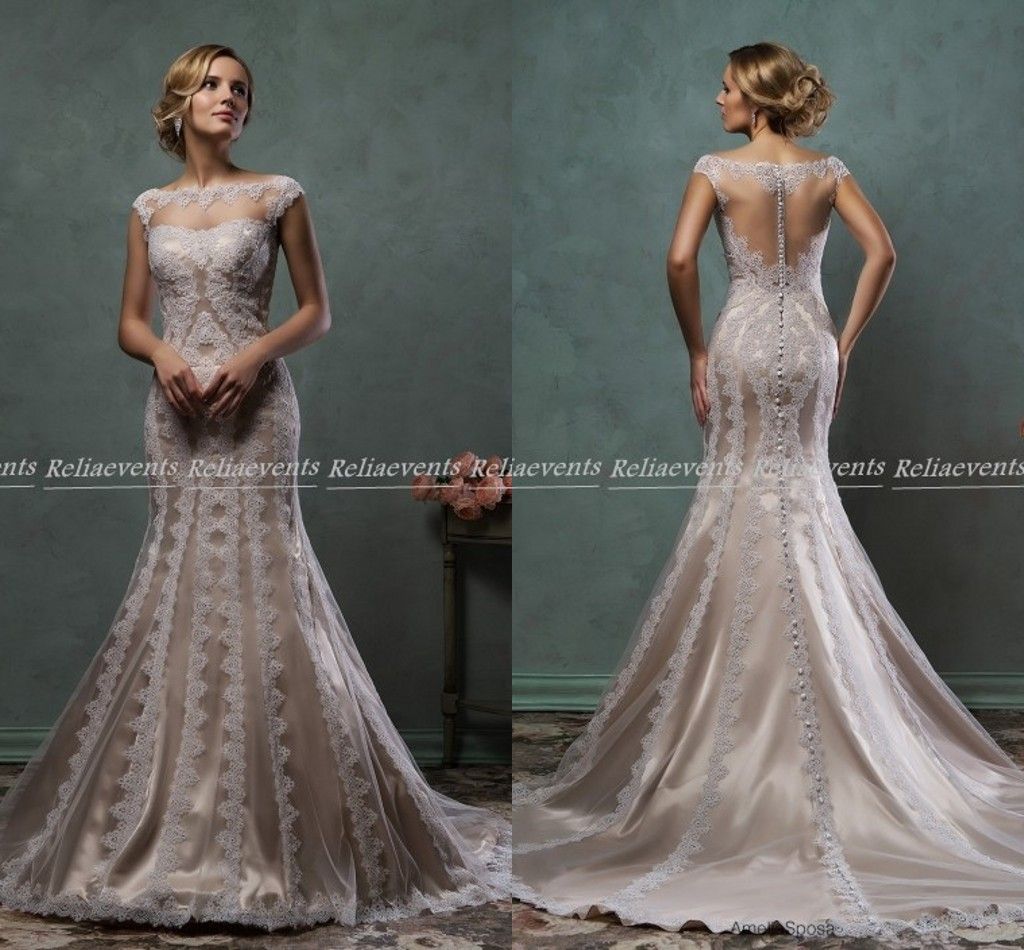 2015 Champagne Mermaid Backless Wedding Dresses Lace Applique Luxury