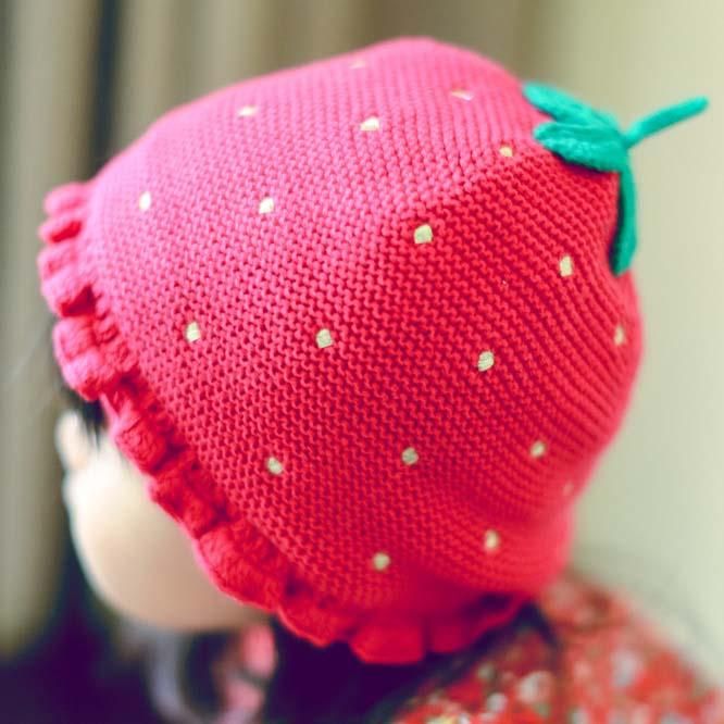 New Christmas Strawberry Wool Cap Children Caps Kid Boys Girls Knit Hat Patte...