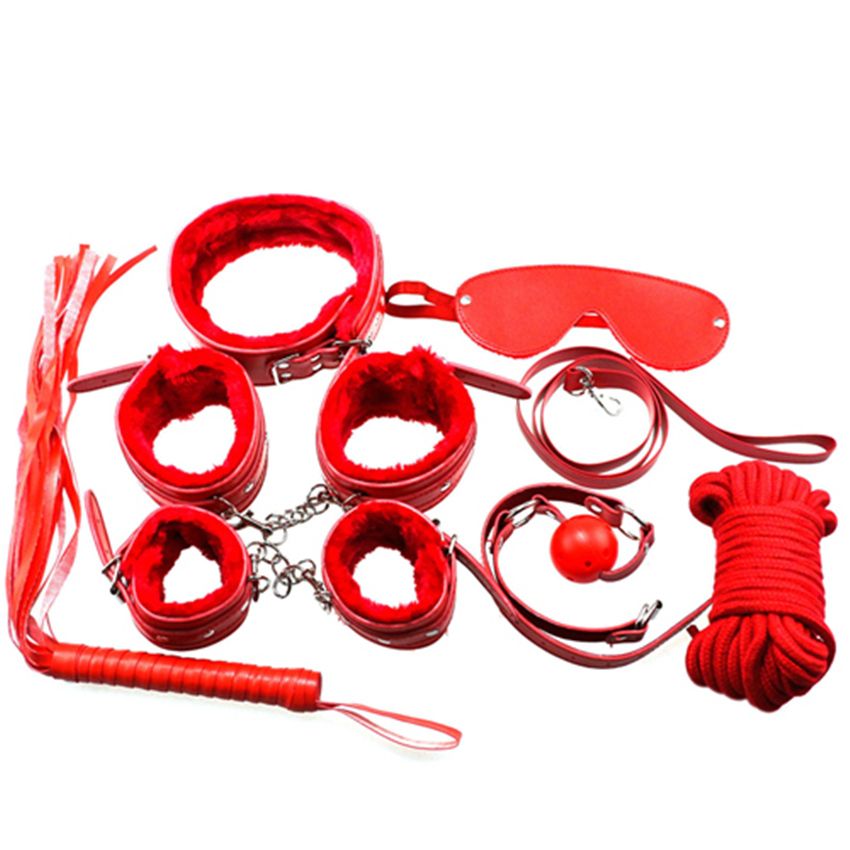 Red Kit Bondage Set Whip Ball Handcuffs Footcuffs Rope Neck Collar Mask