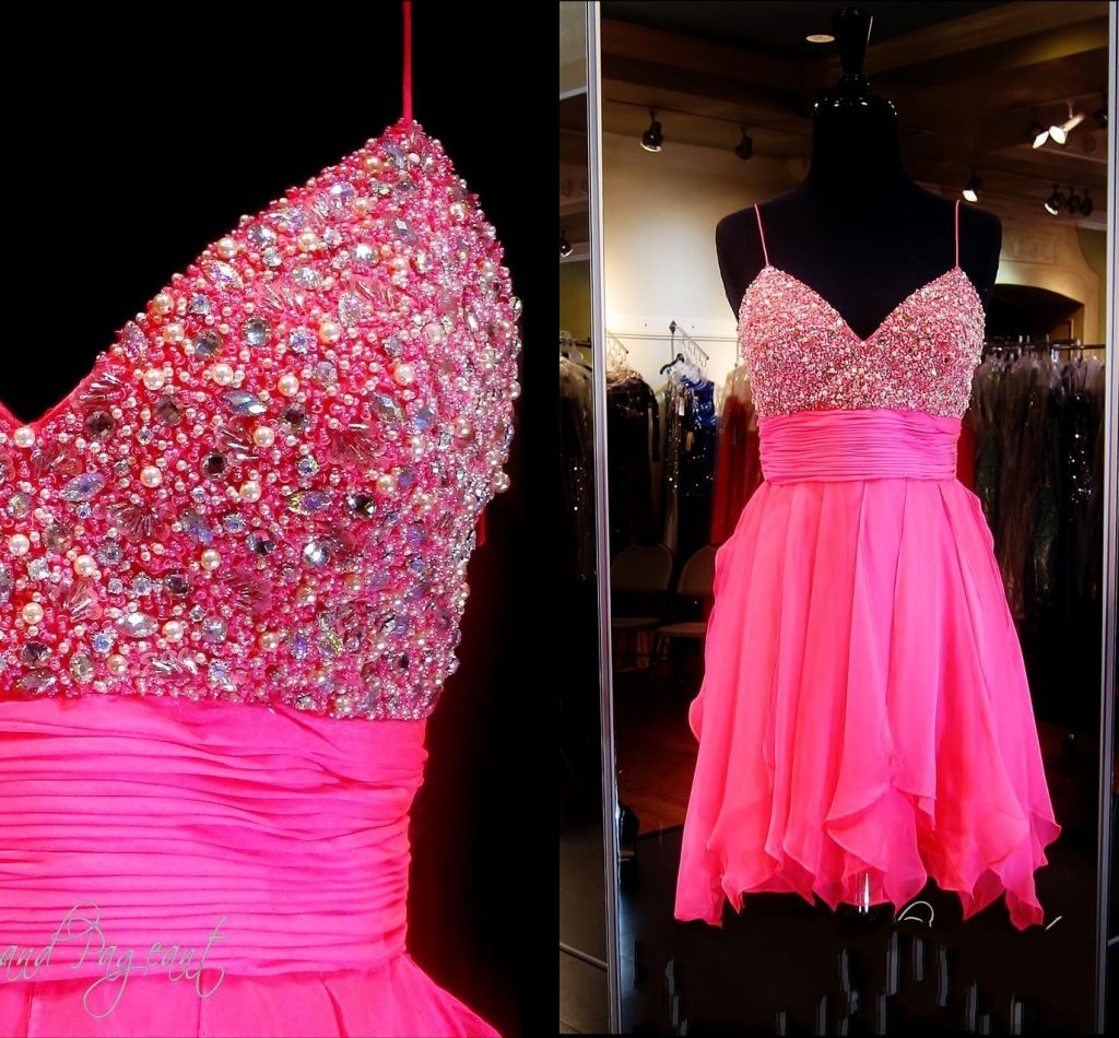 2015 Hot Pink Dresses Real Pictures Spaghetti Neck Beads