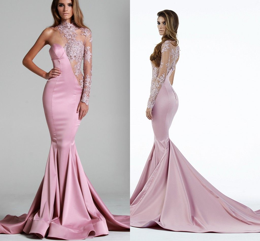 2016 Pink Evening Dresses One Sleeves Lace Illusion See Through ...