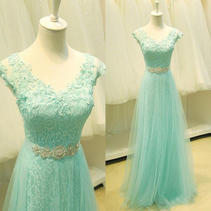 2015 Mint Prom Dresses Spring Party Evening Gowns A Line V Neck Sheer