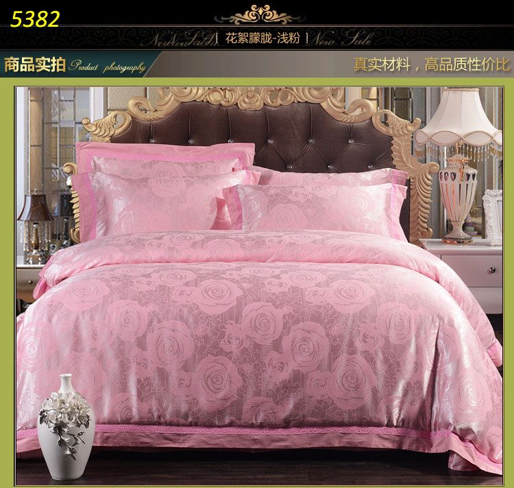 Light Pink Rose Silk Bedding Sets Jacquard Bed Linens Satin Silk