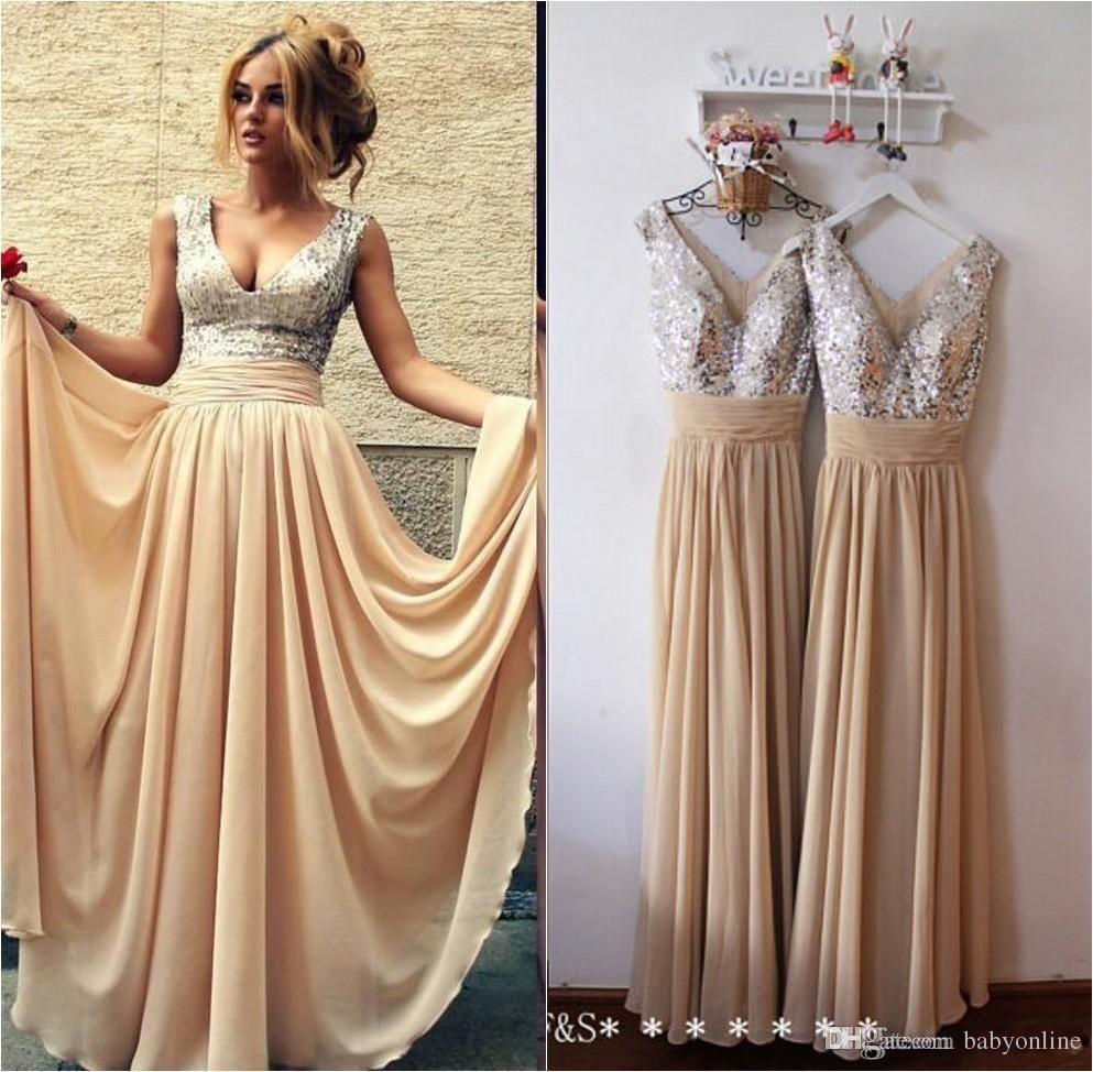 Under 50 2016 Cheap Sequined Metallic Bridesmaid Dresses Long V Neck A