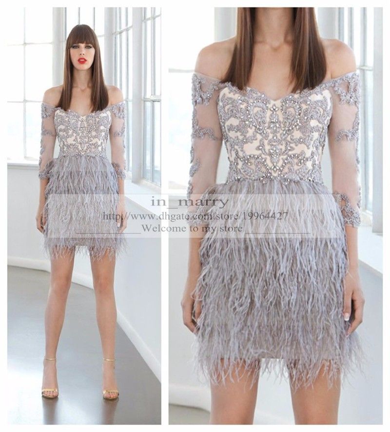 2016 Grey Feather Lace Cocktail Party Dresses Sheath Off Shoulder 3/4