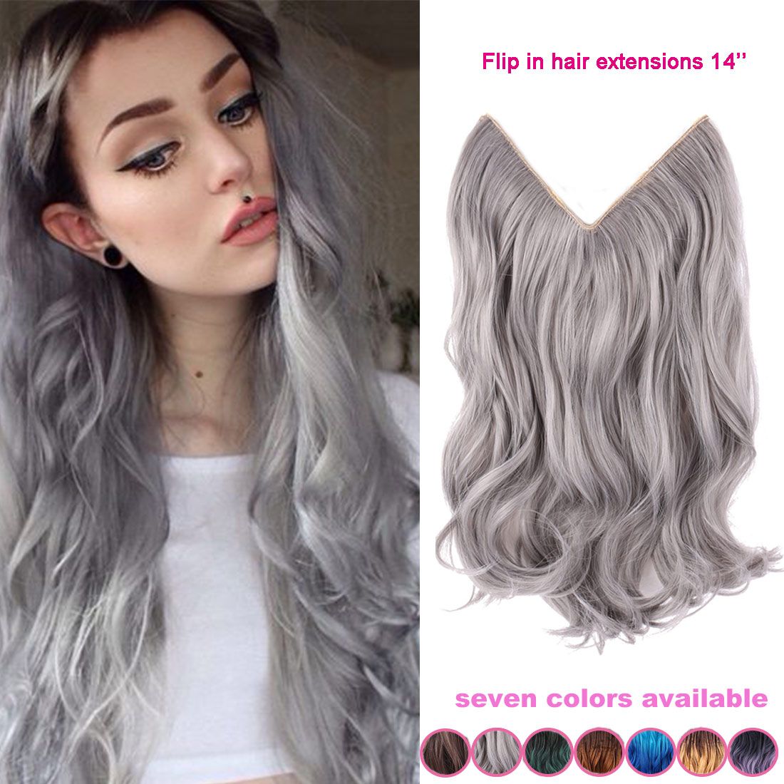 14 Inch No Clip Hair Flip Halo Hair Extension Silver Gray Hair