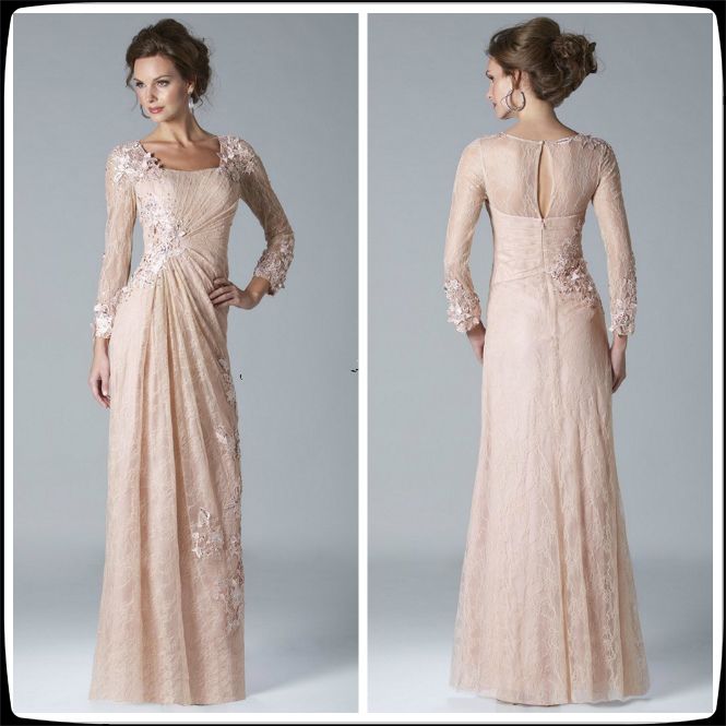 2015 Peach Long Sleeve Lace Mother Of Bride Dresses Scoop Sheath Floor