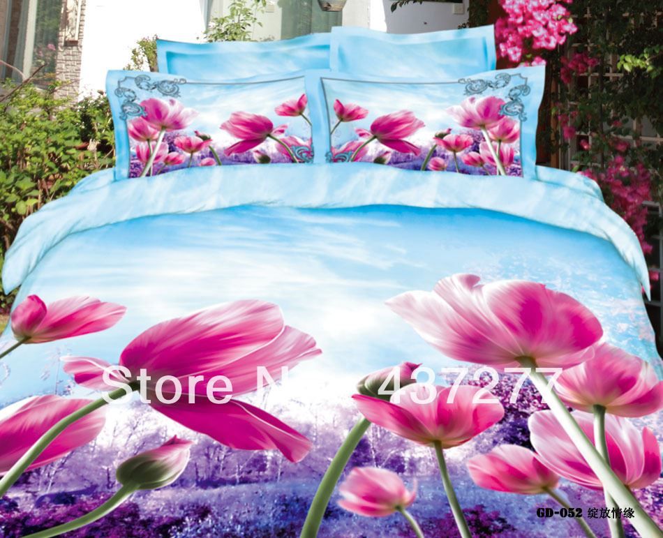 Best Quality Pink Tulip Purple Tree Blue Sky Bedding Bed Linen
