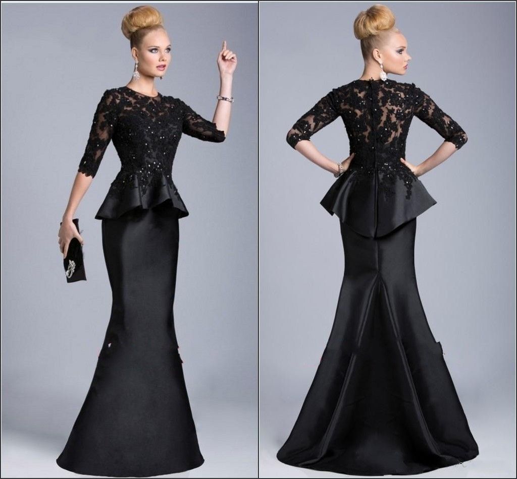 2015 Black Evening Gowns Sheer Crew High Neck Half Long Sleeves