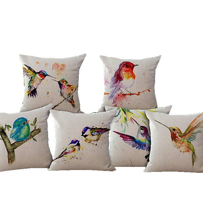 Watercolor Bird Decorative Linen Cotton Pillow Cushion /Home Decor Sofa Cushions /Hand Drawing ...