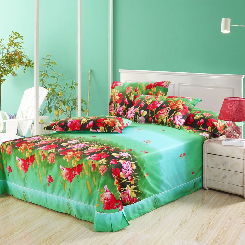 Wholesale Red Flowers Green Sheets Comforter Cover Bed Sheet Pillowcase