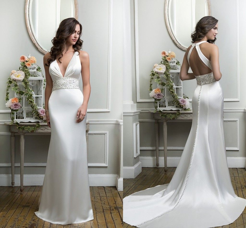 Sparkly Ivory Satin Sheath Wedding Dresses 2015 Sexy Low V Neck With