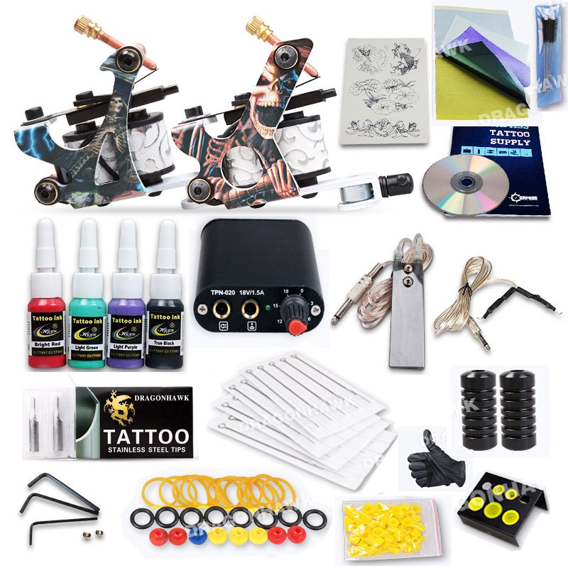 Complete Tattoo Kit 2 Guns Machines Ink Sets Power Supply Disposable