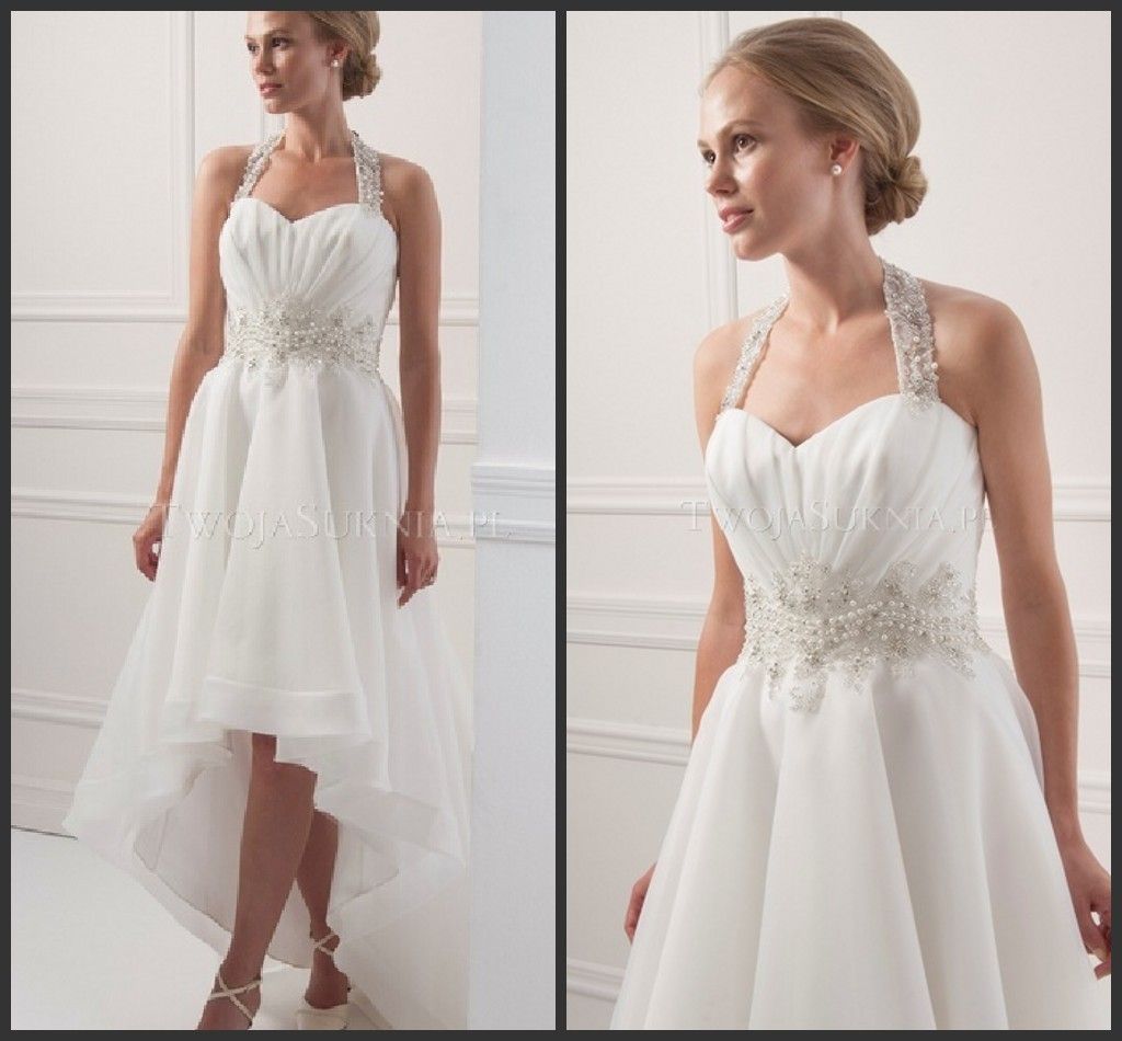 Discount 2015 Custom Made Charming Halter Backless High Low Pearls Sequins Ruffle Wedding Gowns
