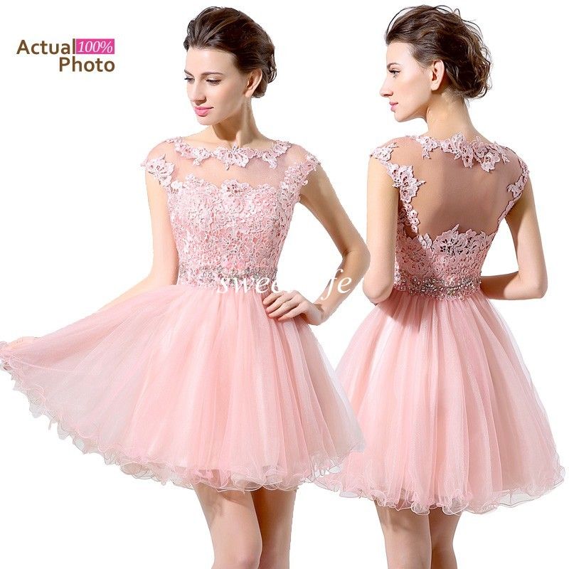 Under 100 Cheap Pink Short Prom Dresses Lace Beaded Cap Sleeves