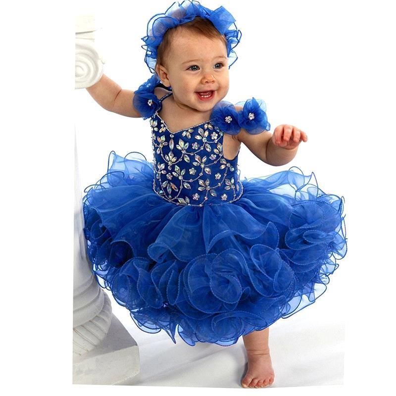 Cute 2016 Royal Blue Baby Pageant Dresses Ball Gowns Tiers Organza with Flowers Crystals Toddler