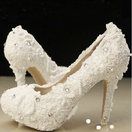 Ivory Beautiful Vogue Lace Pearl Crystal High Heels Wedding Bridal ...